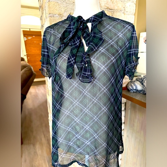 Charlotte Russe Tops - Sheer plaid top with ruffled neck and buttons and ruffled shirt sleeve